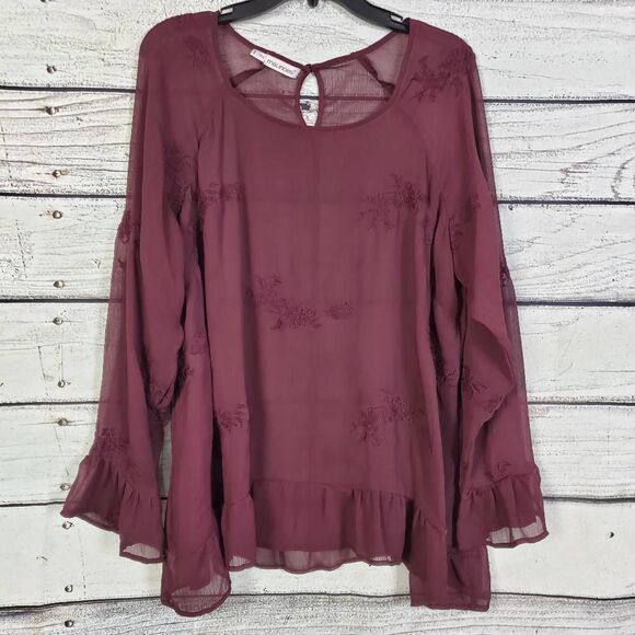 Maurices Women’s Sheer Burgundy Long Sleeve Blouse Size 1 1x Ruffle Hem - Picture 1 of 7